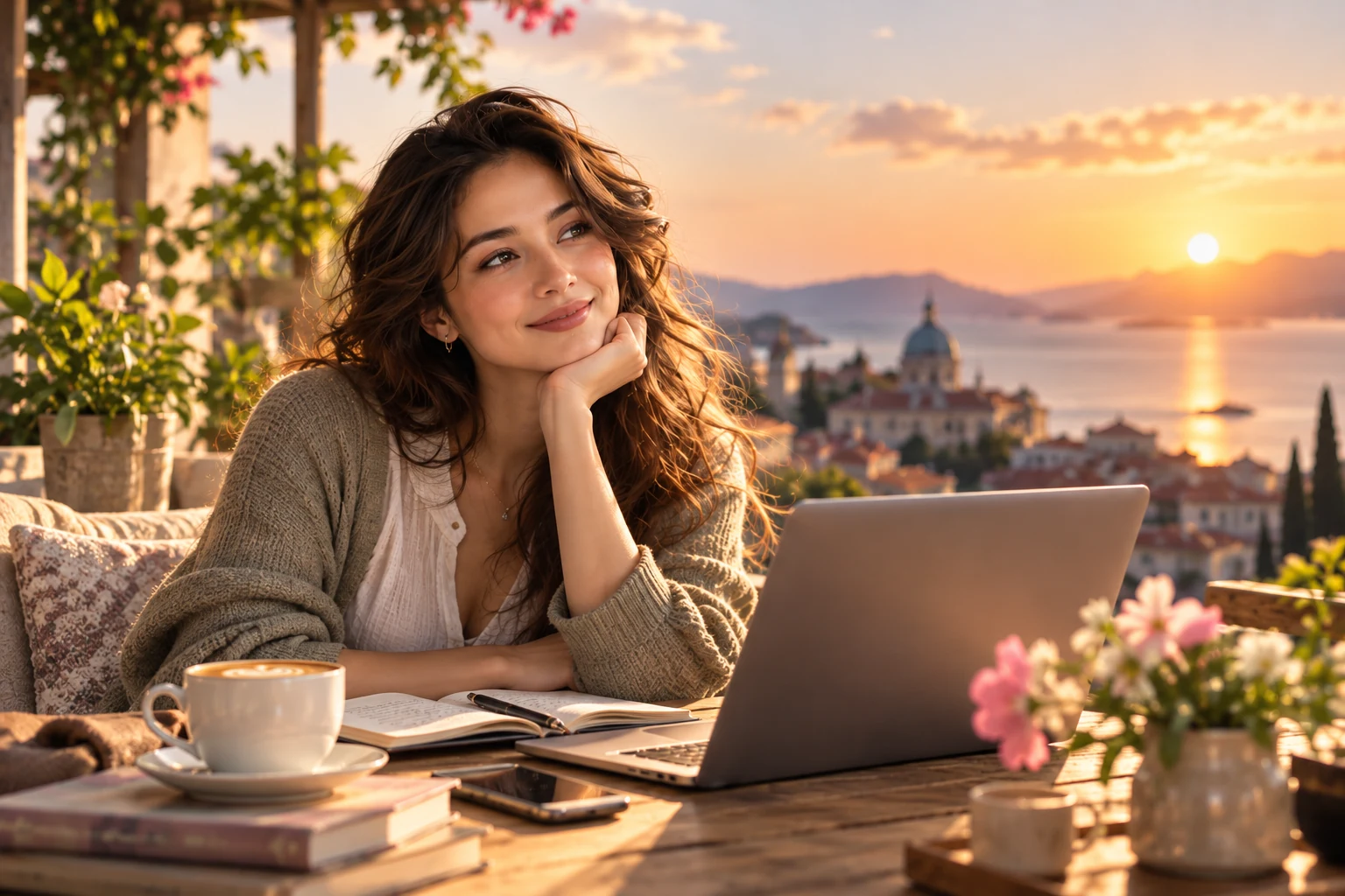 Lia at a café terrace by the sea at sunset, smiling at a thought, a notebook beside her laptop.