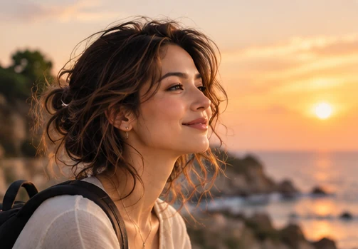 Lia by the sea at sunset, smiling at something she remembers.