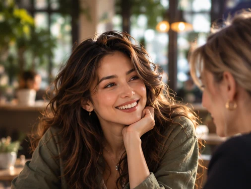 Lia laughing with a friend over coffee in a busy café.