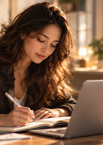 Lia writing in a notebook at her desk, focused, her laptop open beside her.