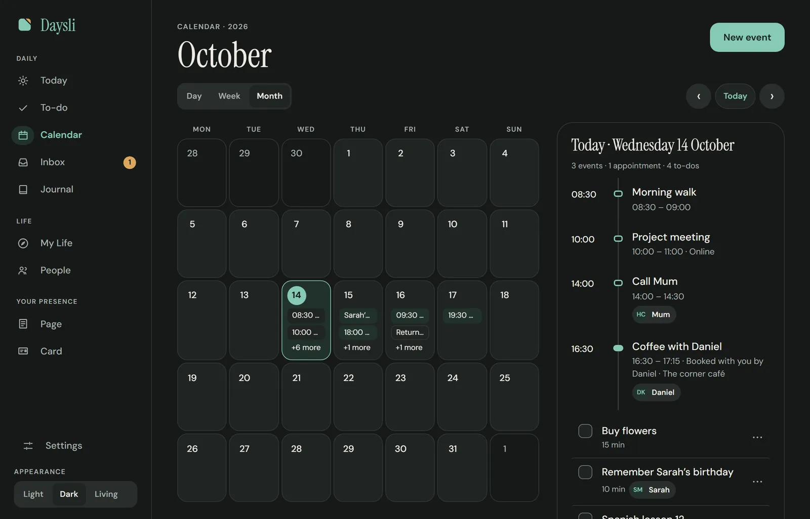 Daysli’s Calendar: the month, and today’s walk, meeting, call and coffee beside it.