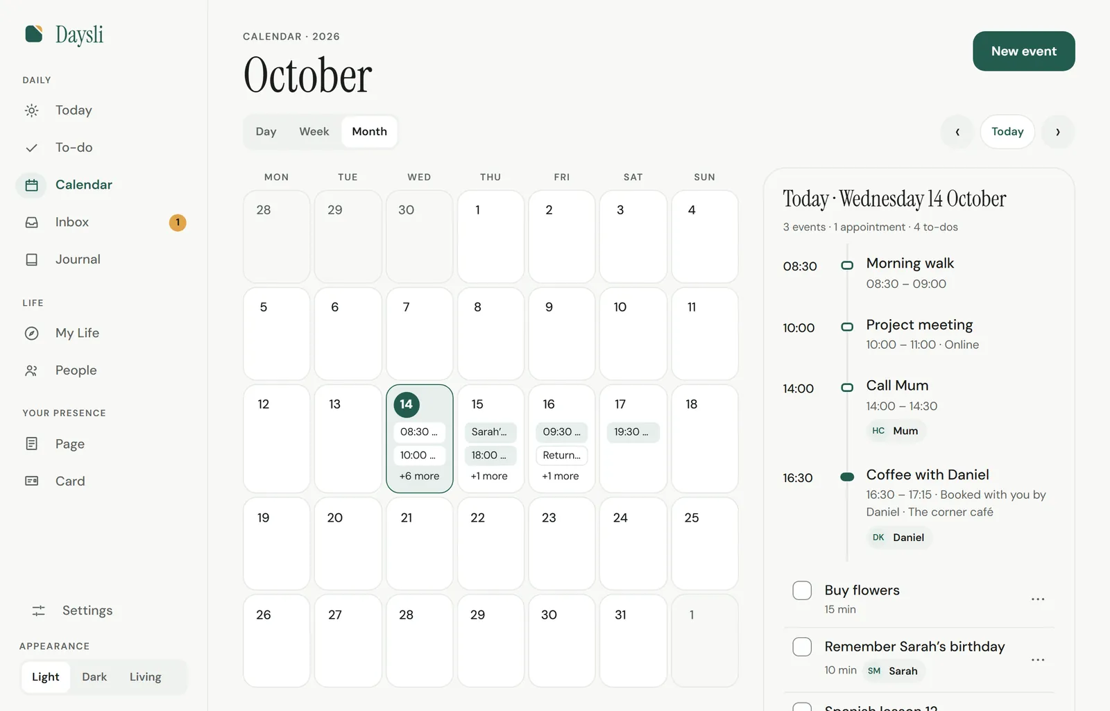 Daysli’s Calendar: the month, and today’s walk, meeting, call and coffee beside it.