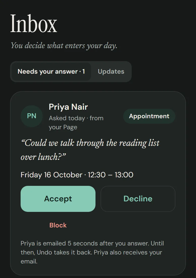 Inbox: Priya asks for lunch on Friday from your page, with Accept and Decline.