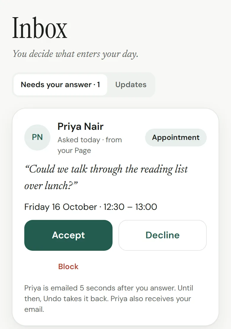 Inbox: Priya asks for lunch on Friday from your page, with Accept and Decline.