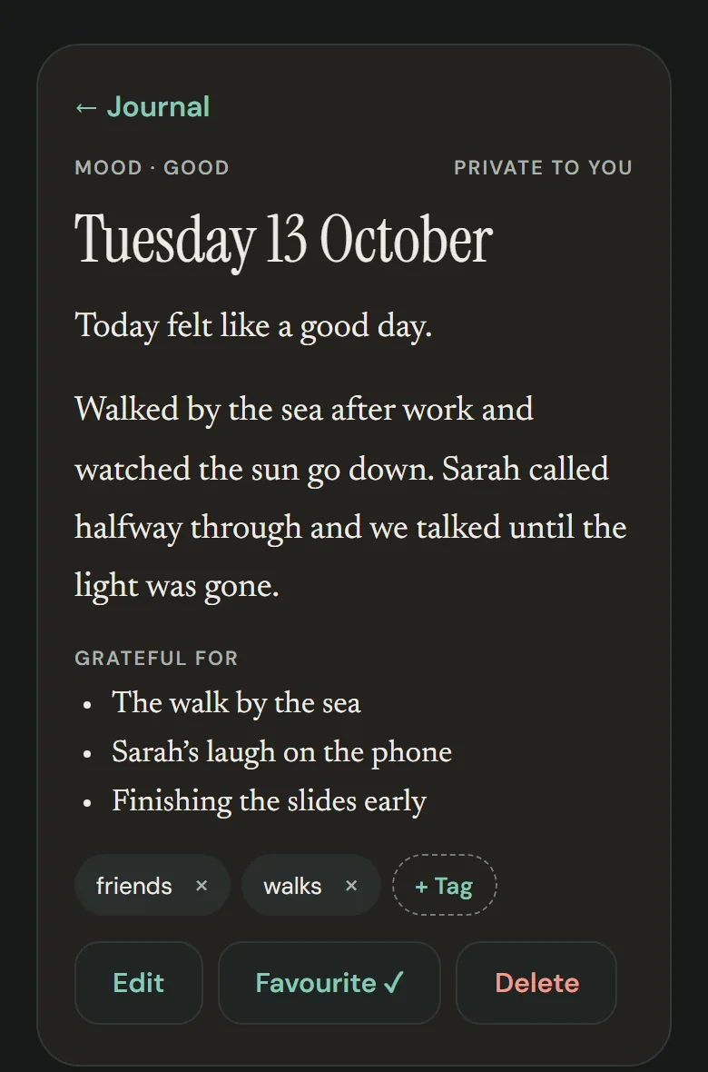 A journal entry: “Today felt like a good day.” A walk by the sea, a call with Sarah, three things to be grateful for.