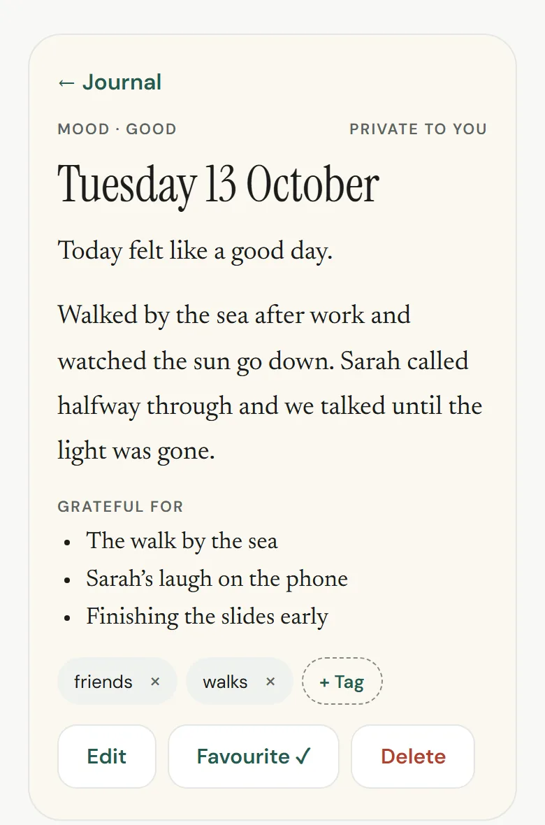 A journal entry: “Today felt like a good day.” A walk by the sea, a call with Sarah, three things to be grateful for.
