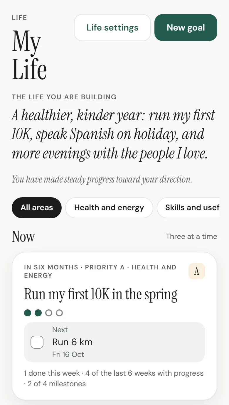 My Life: “Run my first 10K in the spring”, two of four milestones reached, and the next step, Run 6 km.