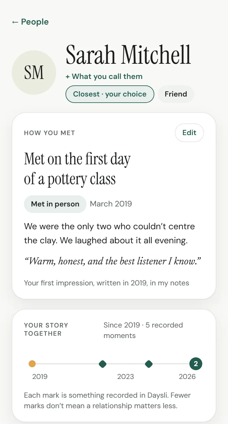 People: Sarah, met at a pottery class in 2019, and five recorded moments of your story together.